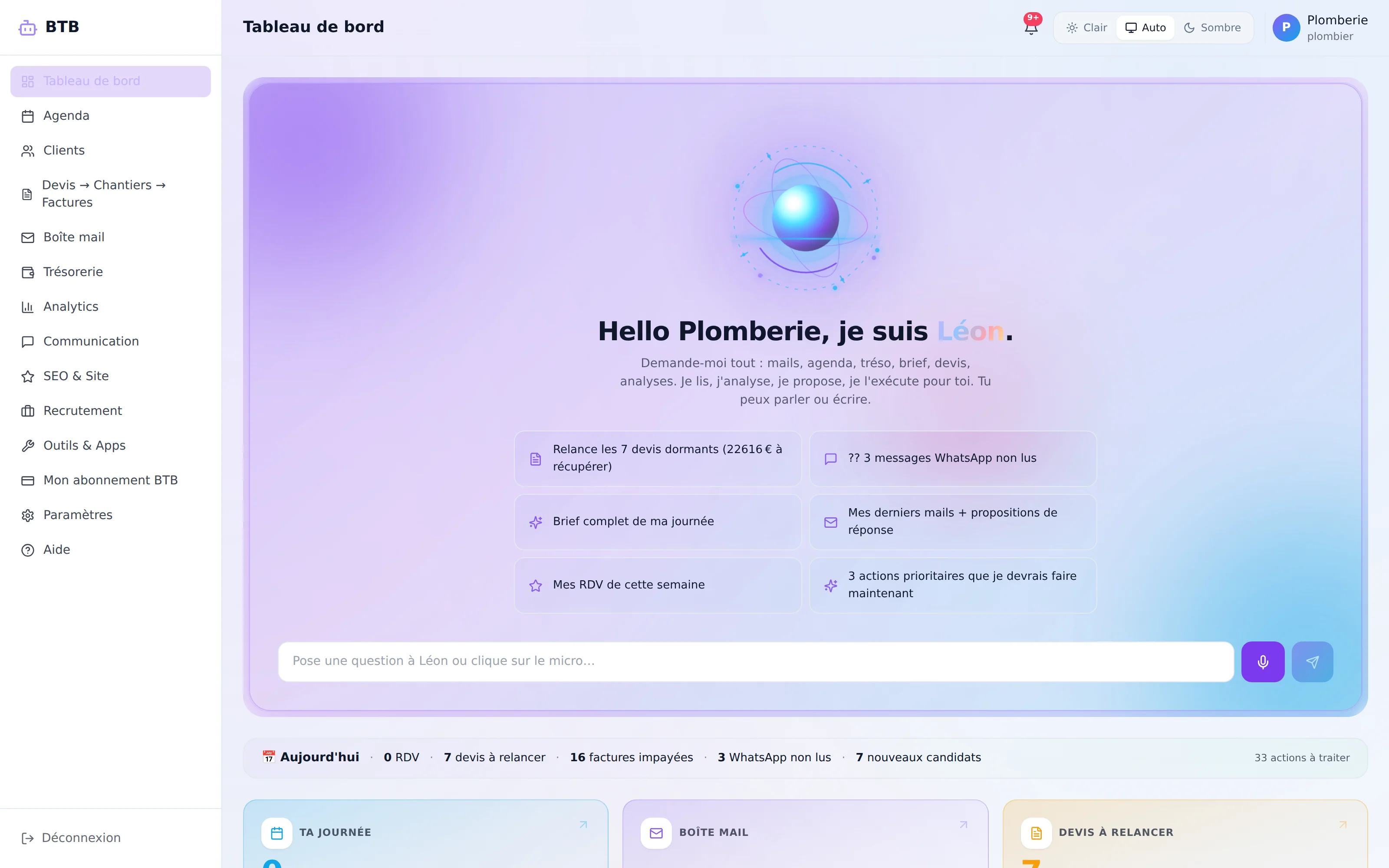 Dashboard Boost Ta Boîte avec Léon, Charlotte, Nina, Théo intégrés